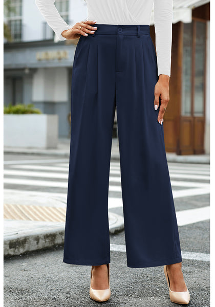Petite Navy Blue High Waisted Wide Leg Pants for Women Business Casual Flowy Trouser