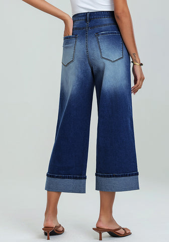 Dark Blue Women's High Waisted Wide Leg Denim Jeans Cuffed Hem Baggy Pockets Capri Pants