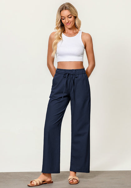 Dark Blue Women's Casual Full Length Elastic High Waist Relaxed Fit Wide Leg Pants with Pocket