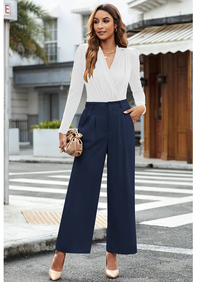 Petite Navy Blue High Waisted Wide Leg Pants for Women Business Casual –  Lookbook Store