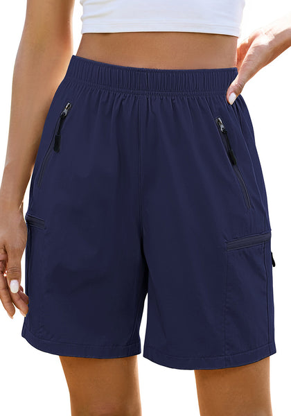 LookbookStore Women's  Navy Blue Cargo Hiking Shorts Elastic Pull On Waist Lightweight Quick Dry 7 Inch Inseam Summer Outdoor Athletic Golf Shorts