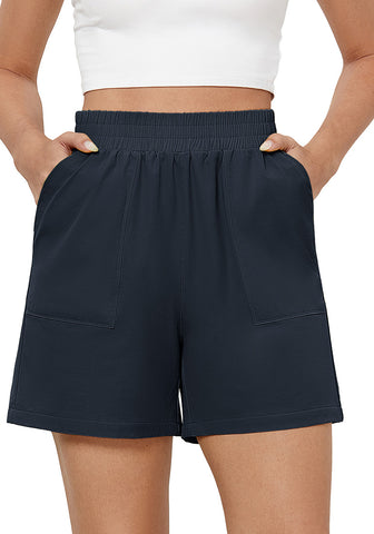 Dark Blue Women's High Waist Lounge Shorts with Pockets Regular Fit Casual Shorts