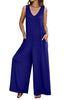Navy Blue Women's Casual Wide Leg Sleeveless V Neckline Jumpsuits Baggy Overall With Pockets