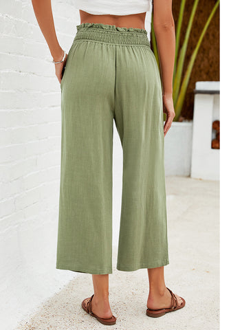 Olive Green Women's High Waisted Wide Leg Elastic Waist Linen Palazzo Pants Pull On Smock Waist Baggy Fit Trousers