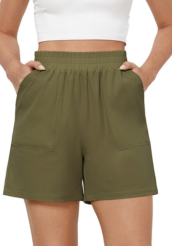 Olive Green Women's High Waist Lounge Shorts with Pockets Regular Fit Casual Shorts