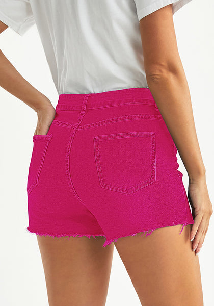 Hot Pink Women's High Waisted Distressed Denim Jeans Shorts Ripped Raw Hem Jean Shorts