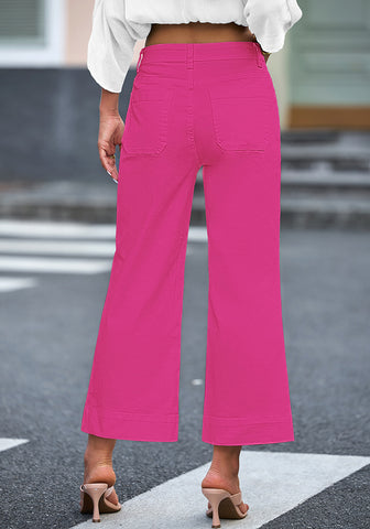 Hot Pink 2024 Women's High Waisted Long Denim Wide Leg Pockets Cropped Pants Jeans Trouser