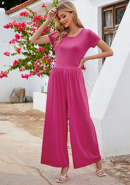 Hot Pink Women's Wide Leg Jumpsuits Baggy Loose Short Sleeves Overall