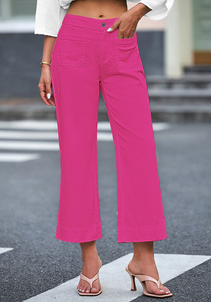 Hot Pink 2024 Women's High Waisted Long Denim Wide Leg Pockets Cropped Pants Jeans Trouser