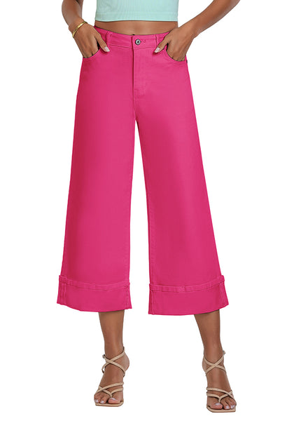 Hot Pink Women's High Waisted Wide Leg Denim Jeans Cuffed Hem Baggy Pockets Capri Pants