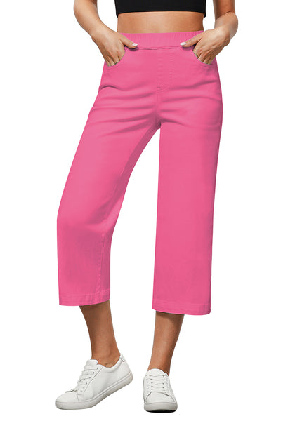 Hot Pink Women's Denim Capri Elastic Waist High Waist Pant Pocket