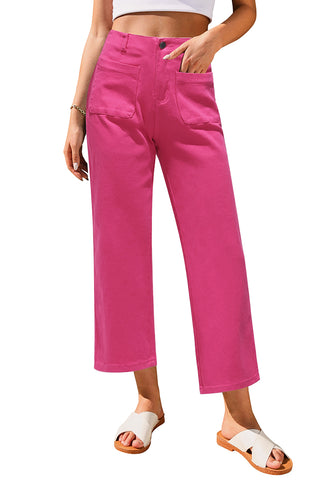 Hot Pink Women's High Waisted Denim Wide Leg Jeans Pants Trouser