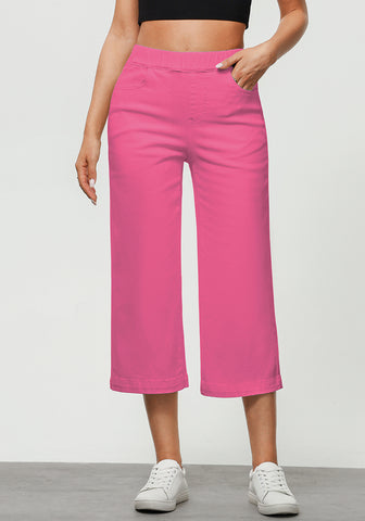 Hot Pink Women's Denim Capri Elastic Waist High Waist Pant Pocket