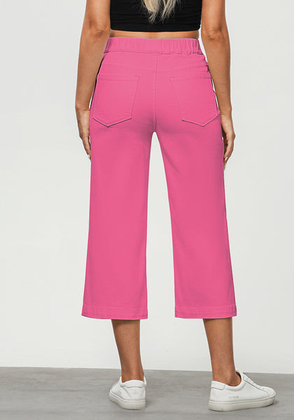 Hot Pink Women's Denim Capri Elastic Waist High Waist Pant Pocket