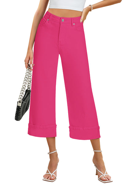 Hot Pink Women's High Waisted Wide Leg Denim Jeans Cuffed Hem Baggy Pockets Capri Pants