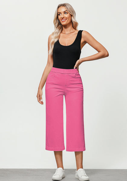 Hot Pink Women's Denim Capri Elastic Waist High Waist Pant Pocket