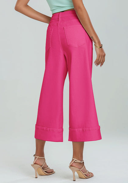 Hot Pink Women's High Waisted Wide Leg Denim Jeans Cuffed Hem Baggy Pockets Capri Pants