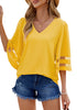 Dressy Tops for Women Women's Summer Casual V Neck Mesh Panel 3/4 Bell Sleeve Loose Blouse Top