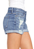 Medium Blue Women's High Waisted Rolled Hem Distressed Jeans Ripped Denim Shorts