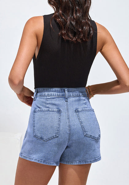 Medium Blue Denim Skorts for Woman Cargo Faux Wrap Jean Skort Skirts Stretchy High Waisted Skirt Shorts