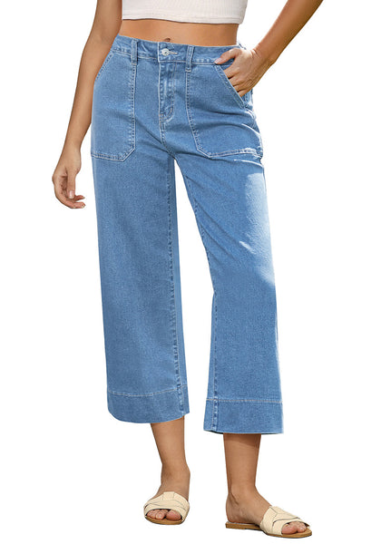 Roadknight Blue Women's Cropped High Rise Denim Pull On Retro Wide Leg Jeans