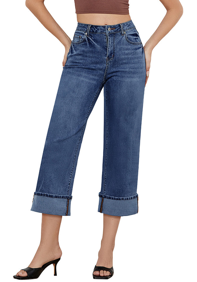 Reef Blue Women's High Waisted Wide Leg Denim Jeans Cuffed Hem