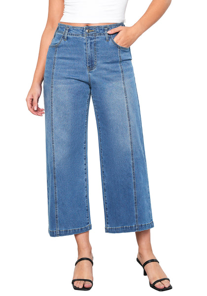 Medium Blue Women's High Waisted Wide Leg Denim Cropped Jean Pants for Curvy