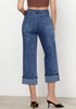 Reef Blue Women's High Waisted Wide Leg Denim Jeans Cuffed Hem Baggy Pockets Capri Pants