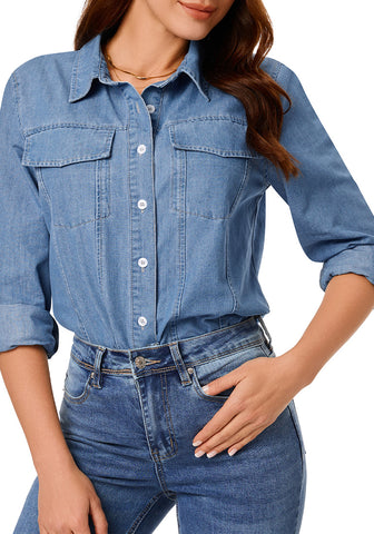 Indigo Medium Blue Women's Long Sleeve Shirt Button Front Western-inspired Urban Streetwear Denim Blouse Top