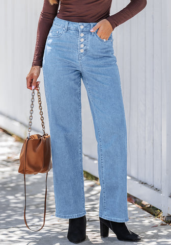 Medium Blue Trendy Wide Leg Jeans for women  Chic High Waisted Stretchy Button Front Denim Pants