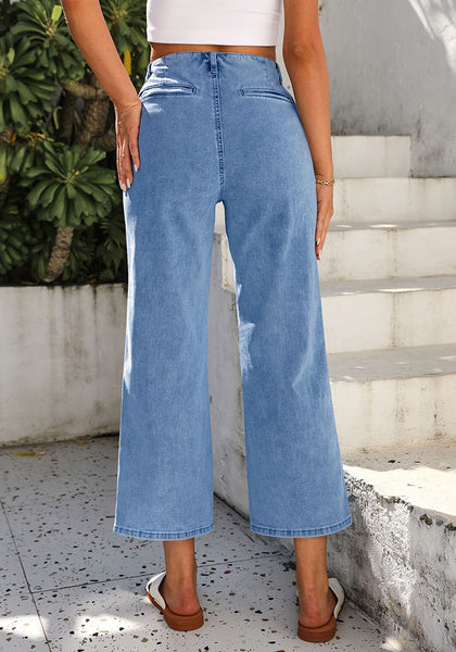 Medium Blue Women's High Waist Denim Wide Legs Jeans Pants With Front pockets