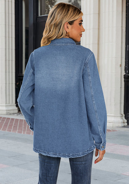 Wategos Blue Women's Brief Oversized Denim Button Down Long Sleeve  Pocket Jacket