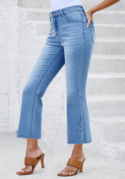 Medium Blue Women's High Waisted  Stretch Raw Hem Distressed Flare Denim Jeans Pants