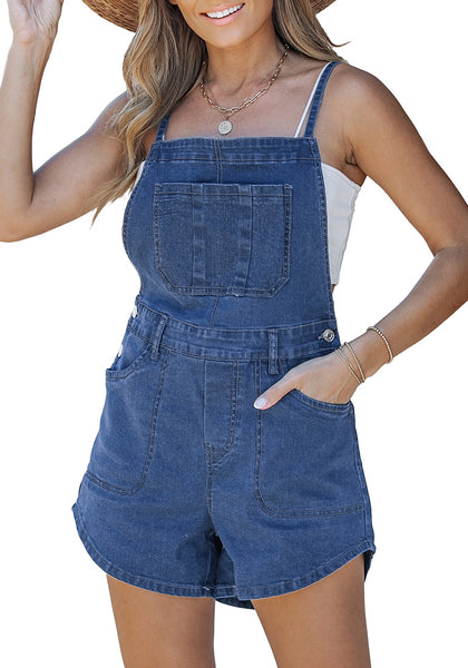Medium Blue Women's Denim Jean Pockets Rompers Adjustable Spaghetti Strap Denim Loose Bib Overall
