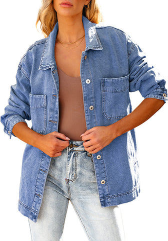 Lapis Blue Women's Denim Button Down Shacket Long Sleeve Trendy Slit Hem  Jean Coat with Pocket