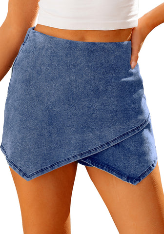 Classic Blue Women's Denim High Waisted Shorts Skort Stretch Asymmetrical Wrap Skirt