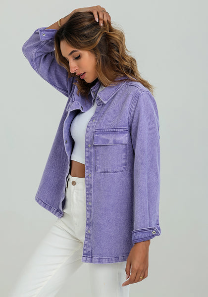 Aster Purple Women's Brief Oversized Denim Button Down Long Sleeve  Pocket Jacket
