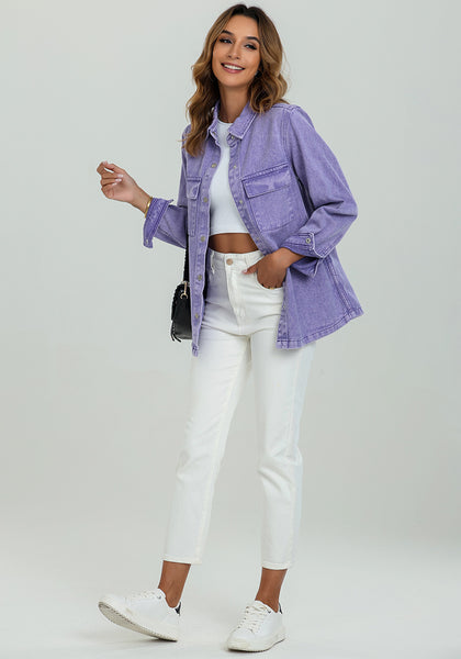 Aster Purple Women's Brief Oversized Denim Button Down Long Sleeve  Pocket Jacket