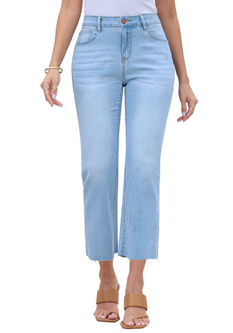 Airy Blue Women's High Waisted  Stretch Raw Hem Distressed Flare Denim Jeans Pants