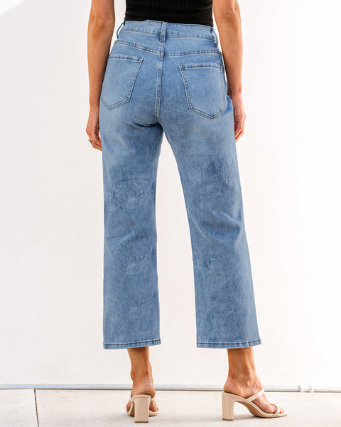 Lakeside Blue Women's High Waisted Straight Leg Jeans Kick Flare Denim Long Pants