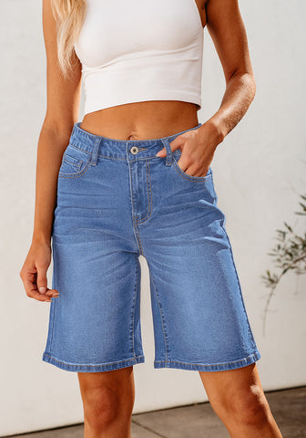 Medium Blue Relaxed Fit High Waisted Denim Bermuda Shorts Straight Leg Jeans