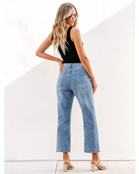 Lakeside Blue Women's High Waisted Straight Leg Jeans Kick Flare Denim Long Pants