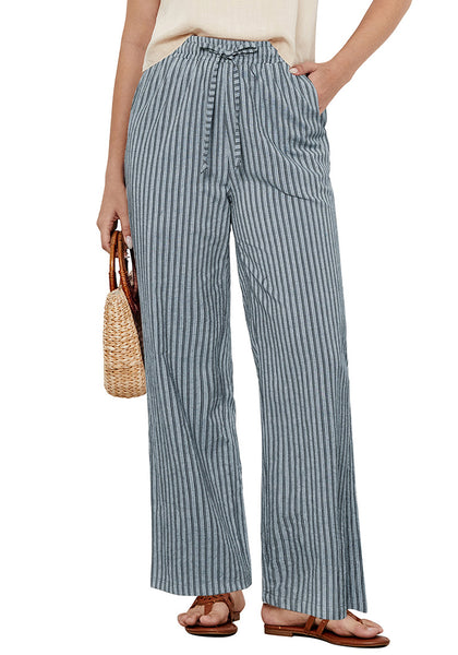 Light Blue Stripe Women's Drawstring Full Length High Waist Long Pants Wide Leg Striped Trousers