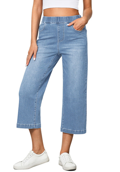 Powder Blue Women's Denim Capri Elastic Waist High Waist Pant Pocket