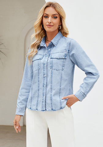 Roadknight Blue Women's Long Sleeve Shirt Button Front Western-inspired Urban Streetwear Denim Blouse Top