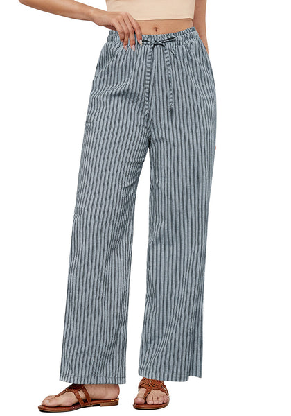 Light Blue Stripe Women's Drawstring Full Length High Waist Long Pants Wide Leg Striped Trousers