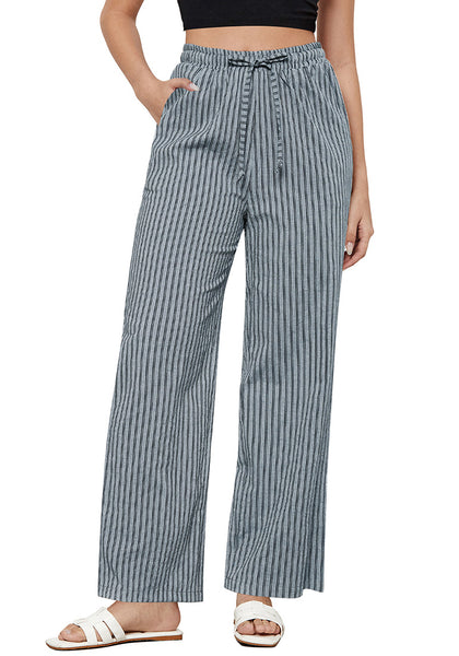 Light Blue Stripe Women's Drawstring Full Length High Waist Long Pants Wide Leg Striped Trousers