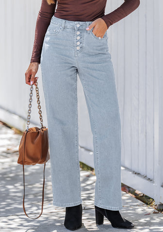 Lennox Blue Trendy Wide Leg Jeans for women  Chic High Waisted Stretchy Button Front Denim Pants