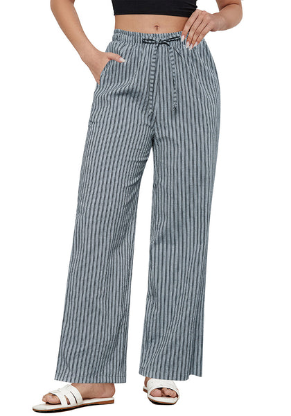 Light Blue Stripe Women's Drawstring Full Length High Waist Long Pants Wide Leg Striped Trousers