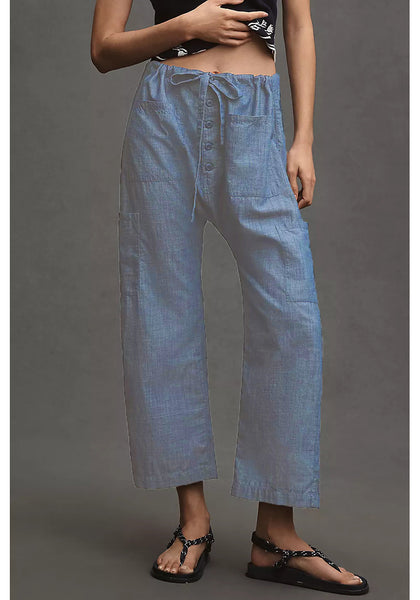 LookbookStore Women's Airy Blue Trendy Barrel Jeans, High Rise Wide Leg Baggy Denim Pants with Elastic Drawstring Waist & Button Fly